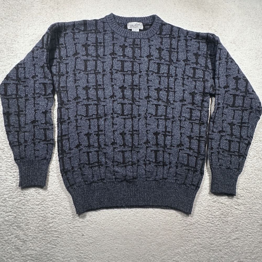 Vintage Method Sweater Mens M Blue Black Abstract Geometric Wool Blend Knit VTG